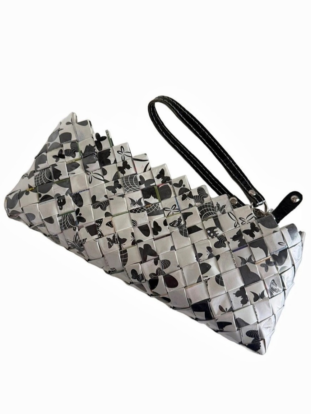 VTG Nahui Ollin Candy Wrapper Wristlet Clutch Bag Black & White Butterfly Y2K